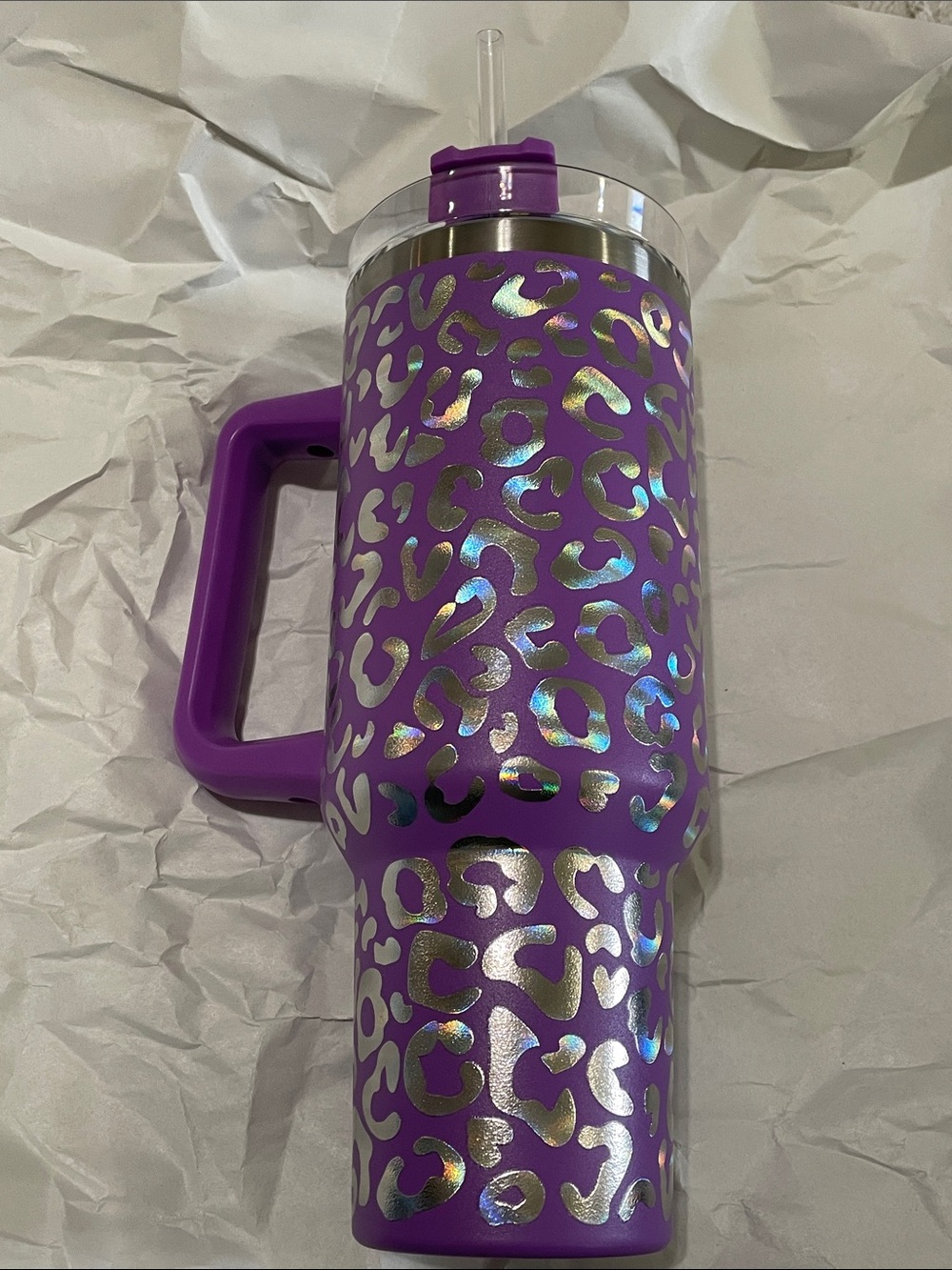 Purple Leopard Print Holographic Travel Mug with Handle